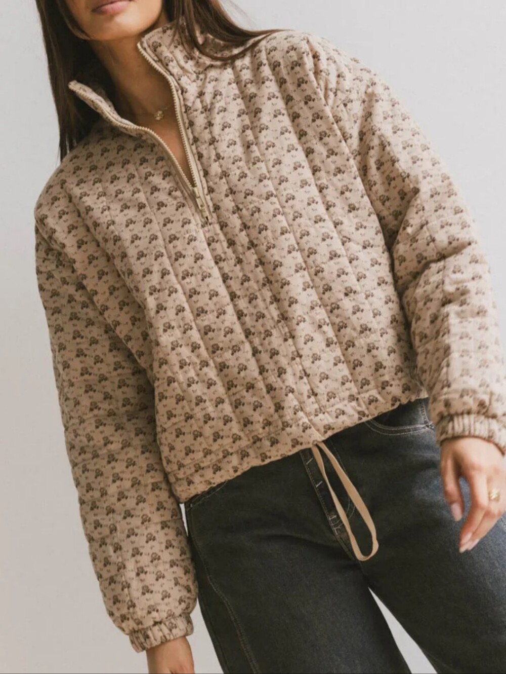 Things Btween Beige Quilted Half-Zip Puffer with Mini Print
